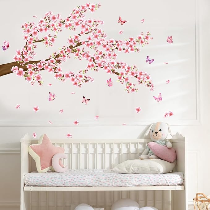 Pink Floral Wall Decal Cherry Blossom Wall Stickers Spring Flower Butterfly Room Decor Peel and Stick Pink Tree Branch Wall Sticker for Bedroom - Image 4