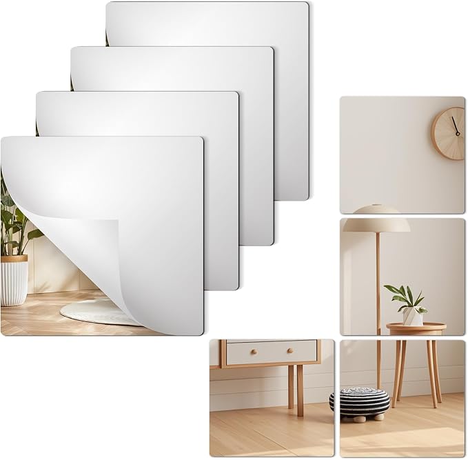 4 Pack Acrylic Mirrors Sheets Self Adhesive 8 x 8 Inch Wall Mirror Tiles by Unknown