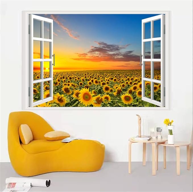 Self-Adhesive Wall Sticker Romantic Living Room Bedroom Study Office Decorative Wall Sticker Ocean Scenery Fake Window Sticker Mural (17.3"×27.6", Sunflower) - Image 5