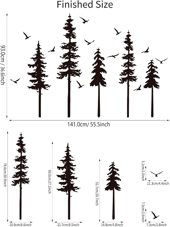 Large Pine Trees Wall Decals Black Forest Wall Stickers Christmas Decoration Wallpaper Woodland Animal Birds Mural Decals Peel and Stick Vinyl Wall Art Stickers for Bedroom - Image 8