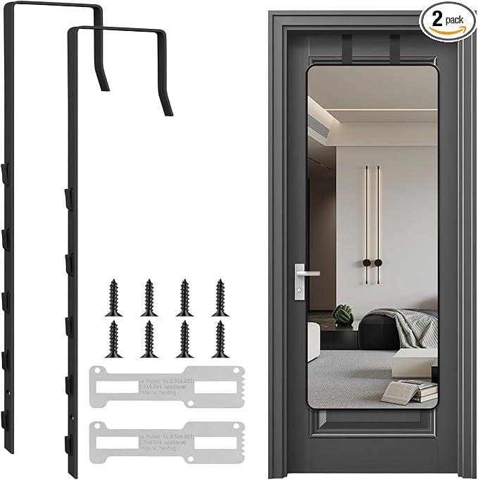 2 PCS Over The Door Mirror Hanger, Adjustable Door Mirror Hanger, Five-Hole Over The Doors-Mirrors Hook, Mirrors Doors Hangers with 2 Iron Filings and Screws (Black) by Unknown