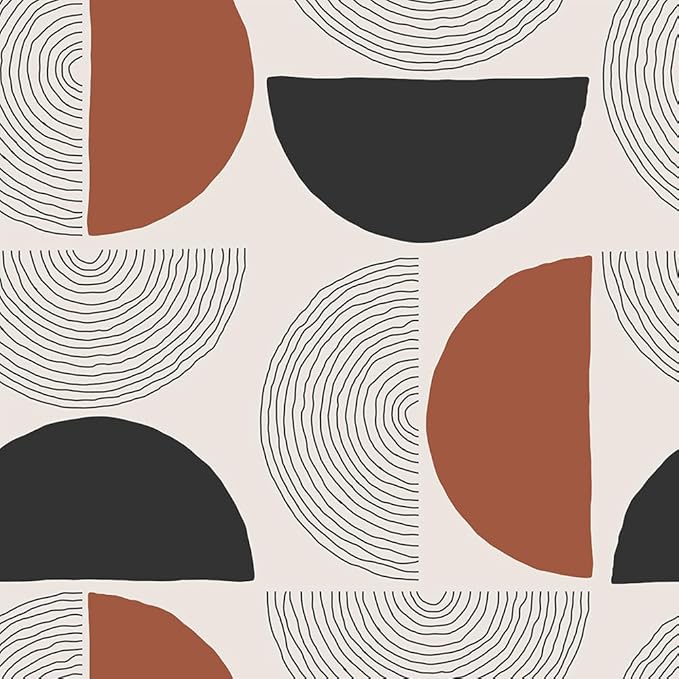 Boho Geos 01 Vinyl Wallpaper, Geometric Circles Retro Art for Renter Bedroom Apartment, Easy Peel and Stick, 17.7x118.1in, Brown/Black/Grey, Furniture Surface Recommendation by VistaPalette