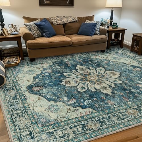 RELEANY Washable Area Rug, 7'x9', Blue/Vintage Dark Blue by RELEANY