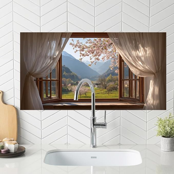 Cherry Blossom Mountain Kitchen Backsplash Peel and Stick, 30x16 in | Curtained window onto cherry blossoms over a sunlit mountain valley; flat 2D waterproof peel and stick; wipe clean; 30x16 in - Image 5