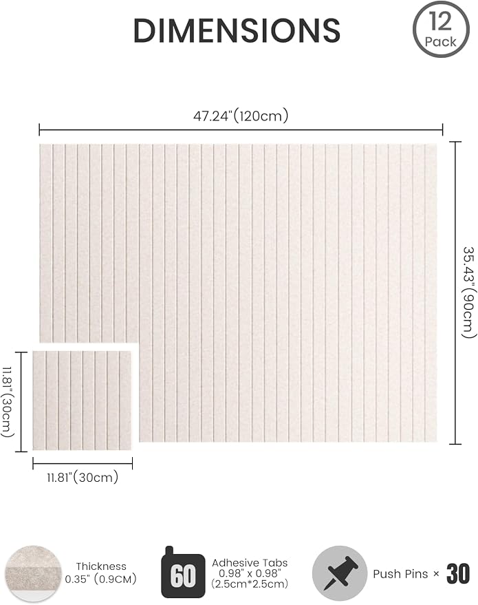 Bumusty 48"x 36" Large Felt Bulletin Board Tiles, Oatmeal | 12-Pack Cork Board Alternative, Wall Decor, 30 Pushpins, 60 Adhesive Tabs, Vision Board, Office, Classroom, Home, Dorm - Image 2