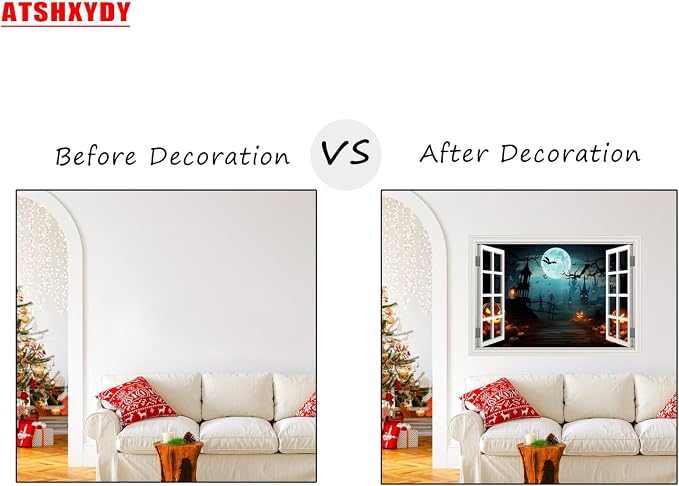 Halloween Decorations Decal Scary Fake Window Halloween Party Decor Sticker | ｜Full Moon Night View Terror Castle Pumpkin Bat Spooky Wall Art Poster Mural ｜ Peel and Stick Decals｜48"x32",Set of 2 Sheets - Image 3