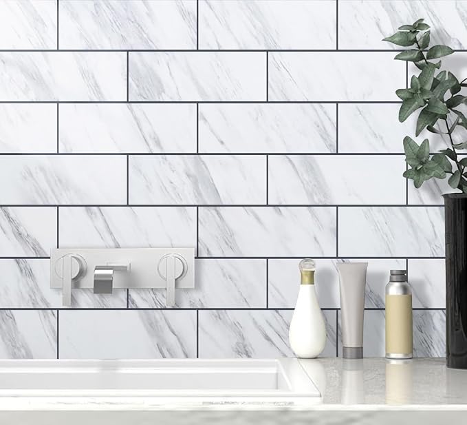 AULIGET 6" x 12" White Marble Peel and Stick Backsplash Wall Tiles, PVC Faux Stone Stick on Tiles for Backsplash Kitchen, Bathroom, Laundry Room, Camper, Fireplace (Pack of 20) - Image 3