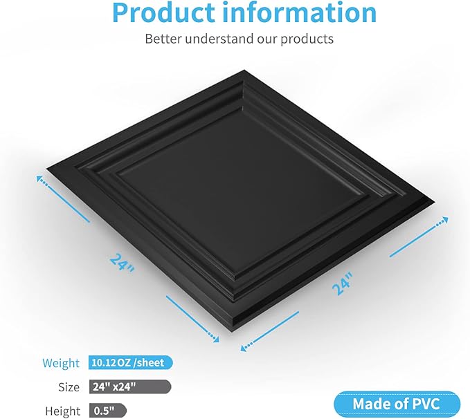 Art3d PVC Ceiling Tiles, 3D Plastic Sheet in Black, 2 x 2 ft, 12-Pack | Lightweight, Waterproof, No Sag and Breakage, Compatible with Grid System, Perfect for Basement, Kitchen - Image 4