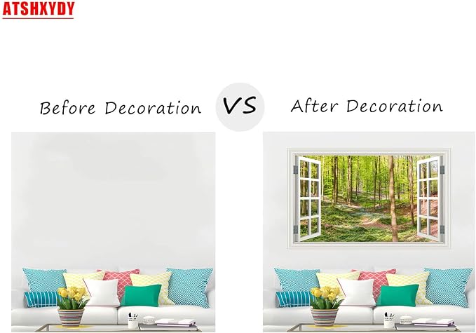 Fake Window Wall Decal- Spring Green Forest Tree Open Wall Art Sticker | Faux Window Grassy Hills & Wildflowers Natural Landscape Mural｜Stick and Peel Wall Decals｜for Room Office Scene Decor｜24"x16" - Image 3
