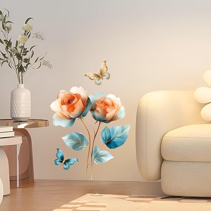 Dreamy Colorful Flower Wall Decal Yellow Blue Blossoms Peel and Stick Wall Art Removable PVC Wall Sticker for Bedroom Nursery Living Room Home Decor - Image 5
