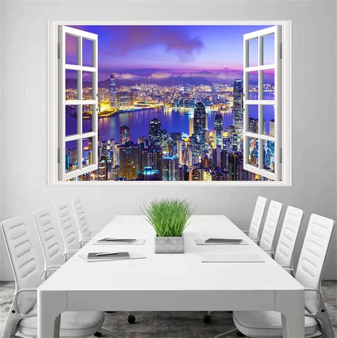 Self-Adhesive Wall Sticker Romantic Living Room Bedroom Study Office Decorative Wall Sticker Ocean Scenery Fake Window Sticker Mural (City Night, 32"×48") - Image 5