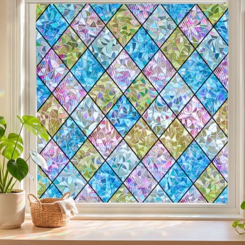Sunbaby Stained Glass Winodw Film, Rainbow Lattice Stickers, 35.4"x78.7" by SUNBABY