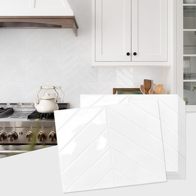 STICKGOO Herringbone Peel and Stick Backsplash, Pure White, 10 Sheets | 12.6 x 9.7 in, Thicker Rectangular Vinyl Stick-On Wall Tiles, Easy Alignment, Waterproof, Easy to Clean, Kitchen/Bathroom by STICKGOO