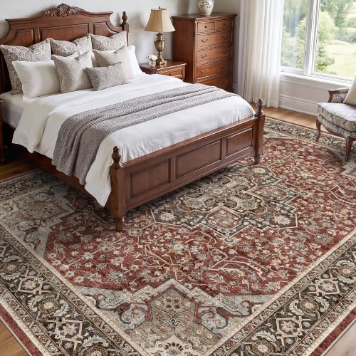 8x10 Vintage Area Rug for Living Room - Non-Slip Backing Rugs Red Brown - Image 3