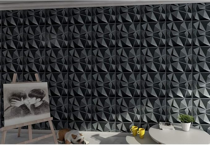 Art3d PVC Diamond Textured 3D Wall Panels, 19.7 x 19.7 in, 12-Pack, Black | Lightweight, Waterproof, No Sag and Breakage, Wipeable, Glue-On, Ideal for Living Room, Office, Kitchen - Image 2