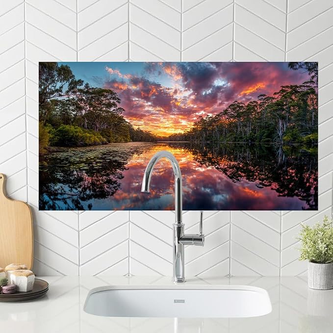 Forest Lake Sunset Kitchen Backsplash Peel and Stick, 30x16 in | Dramatic forest lake at sunset with fiery clouds and mirror reflections; flat 2D waterproof peel and stick; wipe clean; 30x16 - Image 5
