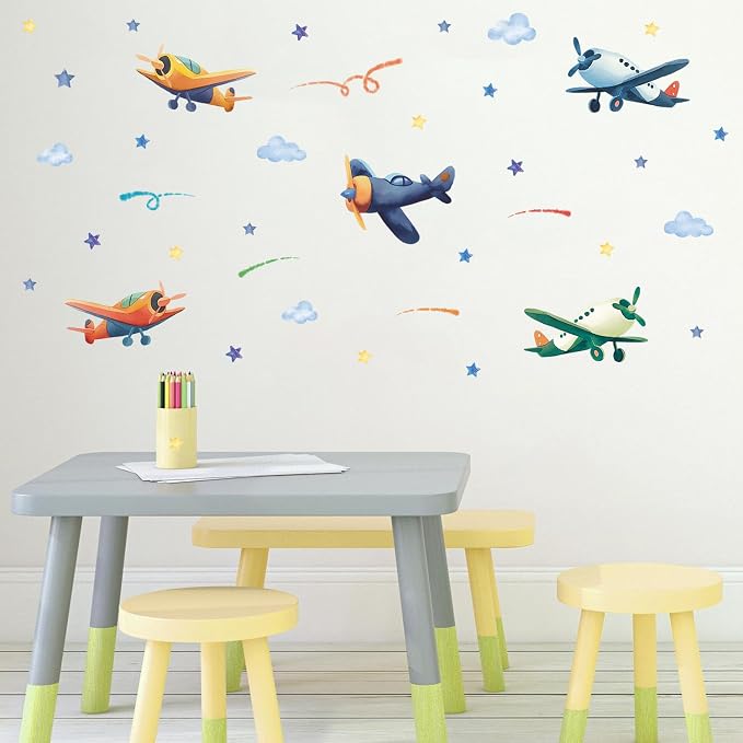 LHIUEM Airplanes Wall Decals Plane Wall Stickers for Boys Room 43PCS Watercolor Airplane Kids Party Favor Gifts Airplane Kit Wallpaper Peel and Stick Decal Cartoon Glider Planes for Nursery Playroom - Image 7