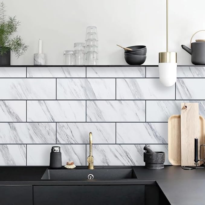 AULIGET 6" x 12" White Marble Peel and Stick Backsplash Wall Tiles, PVC Faux Stone Stick on Tiles for Backsplash Kitchen, Bathroom, Laundry Room, Camper, Fireplace (Pack of 20) - Image 6