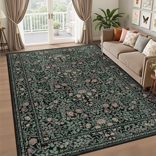 6x9 Area Rug Living Room: Soft Floral Washable Carpet Dark Green - Image 2