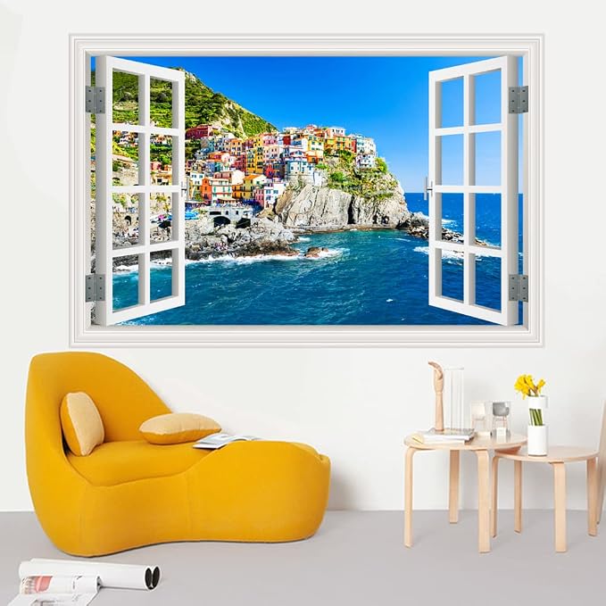 Self-Adhesive Wall Sticker Romantic Living Room Bedroom Study Office Decorative Wall Sticker Ocean Scenery Fake Window Sticker Mural (17.3"×27.6", sea City) - Image 3