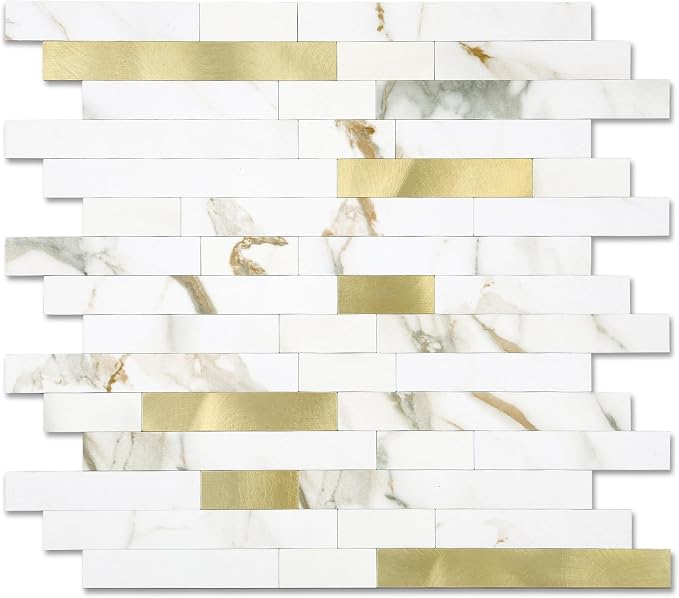 1 - Sheet Peel and Stick Backsplash Wall Tile, PVC Kitchen Backsplash, Stick on Tiles for Backsplash Kitchen (12'' X 12'', White with Gold) by Yipscazo