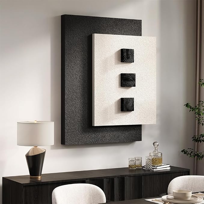 Cuspin Modern Black and White 3D Wall Art for Living Room, 28x36 In | Minimalist wood wall art, Sandstone-like textured artworks for walls, Bedroom dining room hallway office wall decor - Image 3