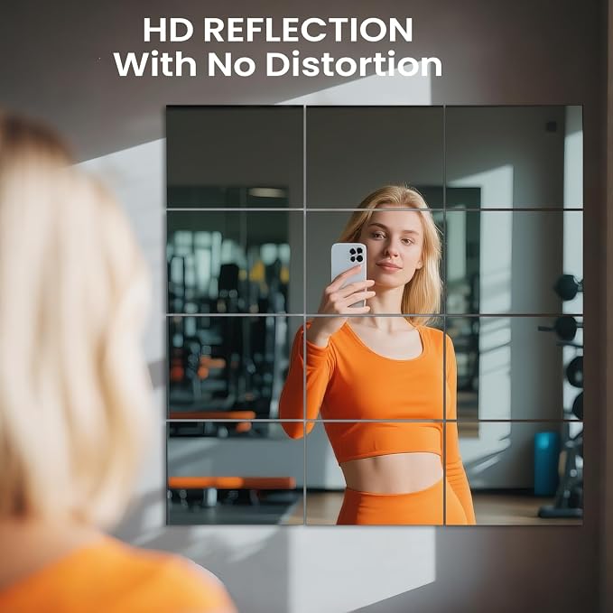 VASUHOME Large Mirror Tiles 16"x12" (12 Pack), Full Length Wall Mirrors for Home Gym, Garage, Bedroom, Living Room, Door – HD Reflection, Easy DIY Installation - Image 2