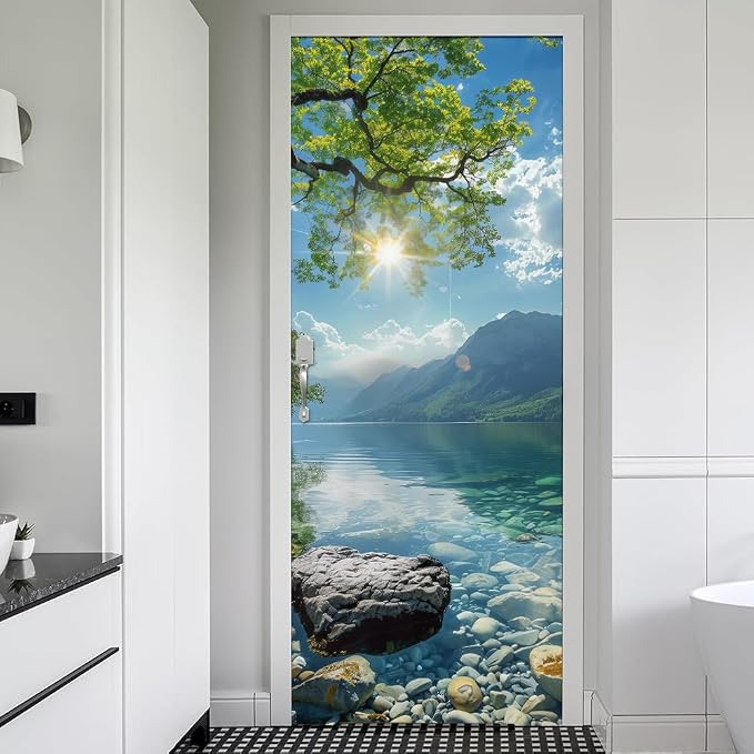 Green Tree Forest Lake Rock Sun Landscape Nature Door Stickers Decals Peel and Stick Removable Vinyl Waterproof Self Adhesive Wall Covers for Home 30.3" W x 78.7" H by Unknown