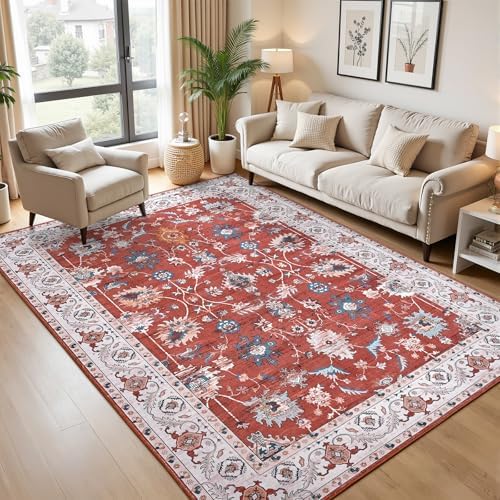 Hanples 5x7 Area Rugs for Living Room, Washable Rug Vintage Floral, Red by Hanples
