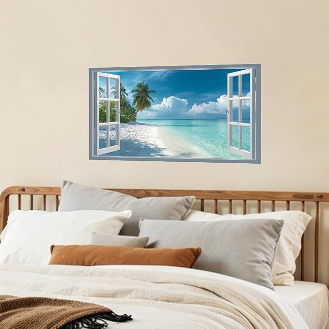Tropical Beach Kitchen Backsplash Peel and Stick, 30x16 in | Fake window view of white sand beach and turquoise ocean; waterproof peel and stick; wipe clean; 30.31 x 16.14 in - Image 7