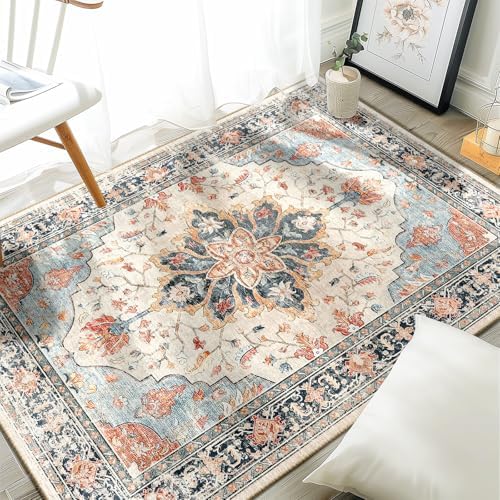 RELEANY Washable Area Rug, 3'x5', Beige/Blue/Orange - Image 3