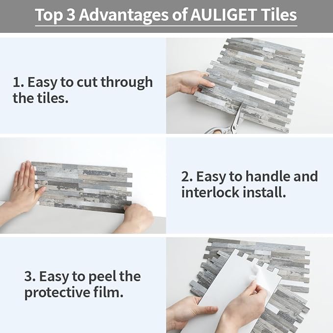 AULIGET 2-Sheet Peel and Stick Backsplash Wall Tiles, Distressed Wood Look PVC Wall Tiles Stick on Backsplash - Image 7