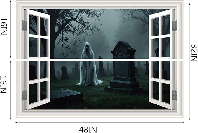 Halloween Fake Window Wall Decals Scary Cemetery Terror Art Poster Sticker | ｜Faux Window Terror Spooky Ghosts Mural ｜ Stick and Peel Wall Decal｜for Halloween Home Scene Decor｜48"x32",Set of 2 Sheets - Image 2