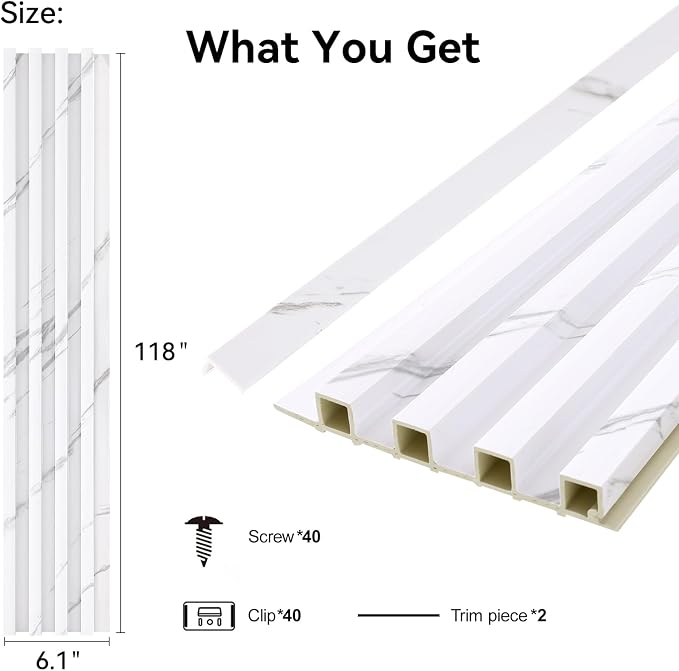 Slat Wall Panel 8-Pack, 118’’x6.1’’, Marble White | WPC Wall Panel for Interior Wall Decor, TV Background, Kitchen, Bedroom - Image 2