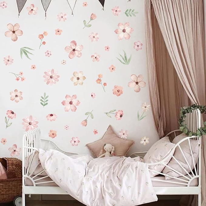 Boho Flower Wall Decals，Pink Watercolor Flower Art，Wildflower Wall Decals，Girls Bedroom Removable Sticker，Nursery Kids Room Decor Vinyl Murals DIY Cute Decorations - Image 3