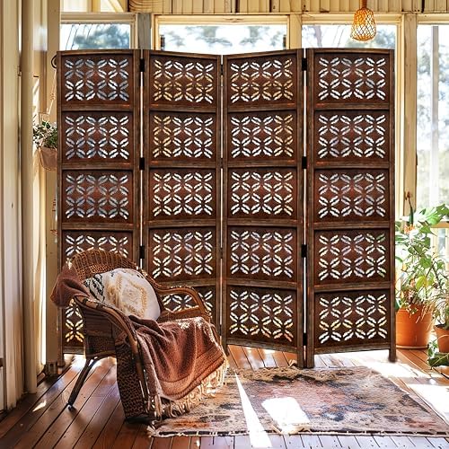 COTTON CRAFT Room Divider Wood Screen - Hand Carved Folding 4 Panels 72x80 - Image 4
