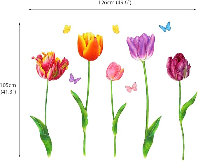 DECOWALL SG2-2116 5 Large Tulip Wall Decals Colorful Flower Butterfly Stickers for Bedroom Living Room Nursery Bathroom Home Decor Art Decoration DIY - Image 4