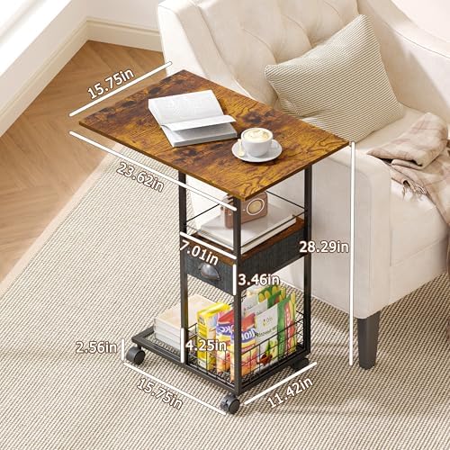 Rolling C-Shaped Side Table with Wheels and Oversized Wood Top, Mobile Overbed Stand with Drawer for Bed or Sofa, Metal Frame Couch Companion for Living Room, Bedroom, or Home Office (Large Desktop) - Image 3