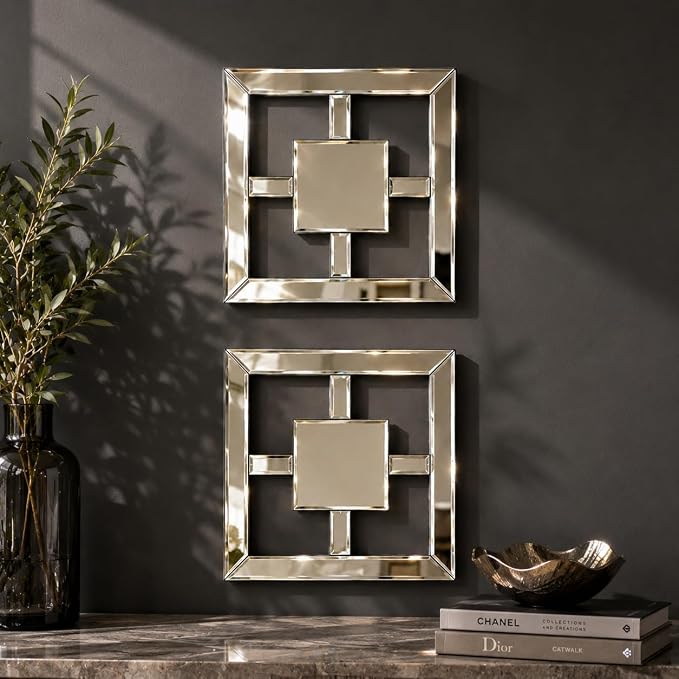 Square Decorative Wall Mirror 12 x 12 Inch, Silver Frameless Mirror Wall Decor with Beveled Edge, Modern Wall Mounted Accent Mirror for Living Room, Bedroom, Hallway, Set of 2 by OPULINEA