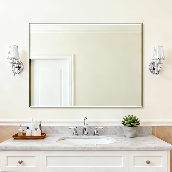 Frameless Wall Mirror 48” x 36“ Bathroom Mirror for Over Sink Beveled Edge - Image 3