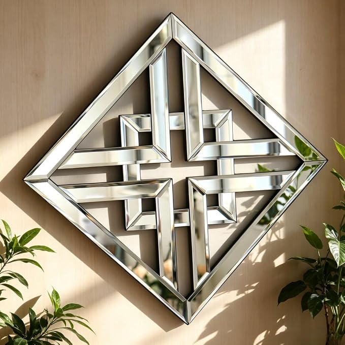 QMDECOR 12x12 Inch Geometric Wall Mirror with Beveled Edge - Modern Silver Decorative Mirror for Living Room, Entryway, Hallway & Bedroom - Durable Black MDF Backing with 3 Hanging Hooks - Image 2
