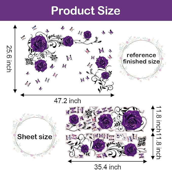 Supzone Purple Rose Wall Stickers Rose Flower Vine Wall Decal Purple Peony Floral Wall Decor DIY Vinyl Mural Art for Bedroom Living Room Sofa Backdrop - Image 7