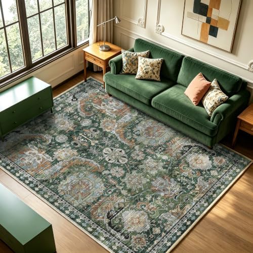 RUGSURE Washable Area Rugs - Perfect for Living Room, Bedroom, Kids Room, Nursery - Stain & Water Resistant Non-Slip, Pet & Child Friendly, Vintage Tribal Area Rugs (Green, 6' x 9') by RUGSURE