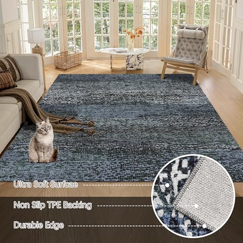 RUGSURE Washable Area Rug - 1/6 Thick - Stain & Water Resistant Non-Slip - Resistant Rug for Living Room, Bedroom, Nursery, Pet & Child Friendly, Vintage Charm Area Rugs (Darkgrey+Bule, 8' x 10') - Image 5