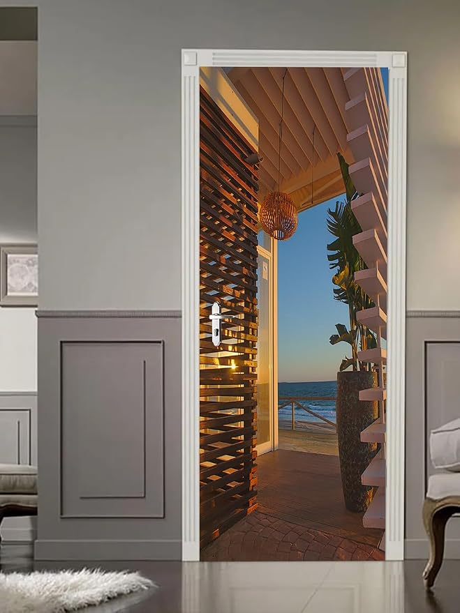artfanke 3D Beach Bar Entrance Door Sticker Peel and Stick 30.3"x78.7"- Self-Adhesive Door Murals Wallpaper - Waterproof Wall Decal for Bedroom Decor(2 Sheets/Set) - Image 2