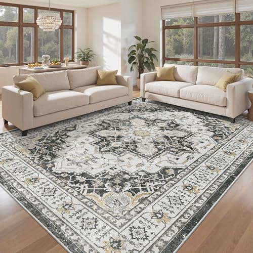 Madane 8x10 Area Rugs for Living Room, Non-Slip Vintage Washable Rug, Black - Image 2