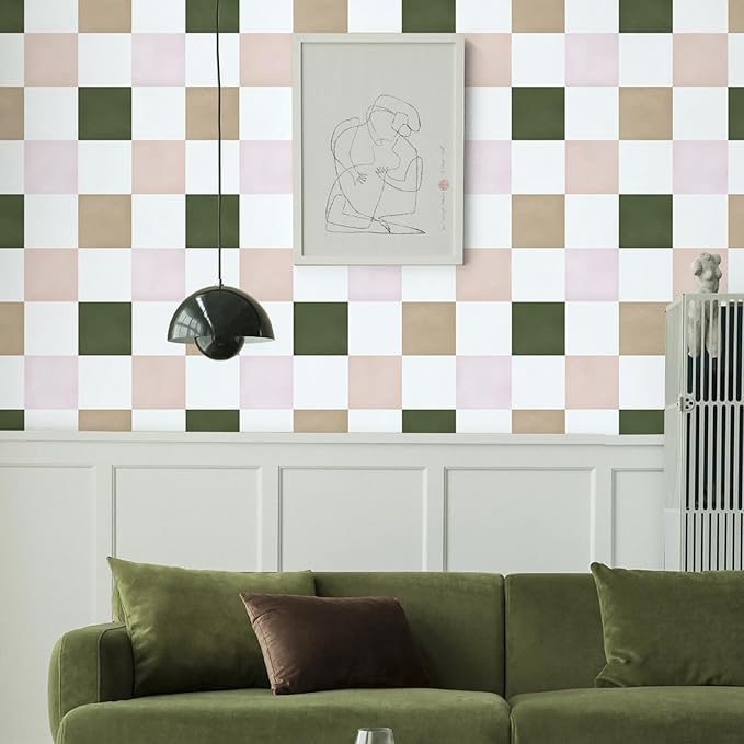 Ismoon Modern Peel and Stick Wallpaper Pink and Green Checkered Contact Paper Removale Self-Adhesive Stick on Wallpaper for Bedroom Bathroom Shlef Cabinet Décor 17.3in x 32.8ft - Image 4