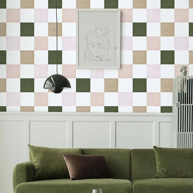 Ismoon Modern Peel and Stick Wallpaper Pink and Green Checkered Contact Paper Removale Self-Adhesive Stick on Wallpaper for Bedroom Bathroom Shlef Cabinet Décor 17.3in x 19.68ft - Image 4