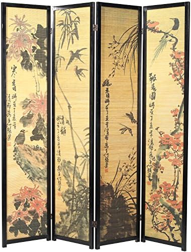 MyGift Decorative 4 Panel Folding Room Divider Bamboo Screen with Chinese Calligraphy Design, 6FT Freestanding Floral Artwork Room Partitioner with Black Wood Frame by MyGiftHome
