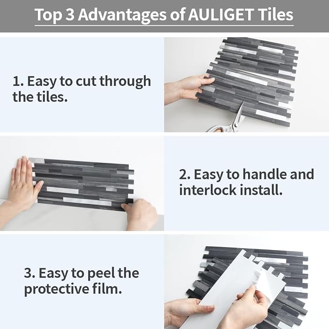 AULIGET 20 Sheets Peel and Stick Backsplash, Black & Grey Wood Look PVC Mixed Metal Stick on Backsplash Tiles for Kitchen - Image 7